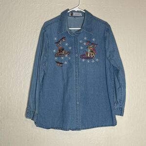 Passion-I Christmas Cats Blue Denim Long Sleeve Button Up Shirt Women’s Size M